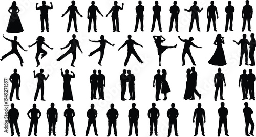 Diverse collection of people silhouettes featuring men and women in standing, dancing, wedding, and couple poses, perfect for creative vector designs.