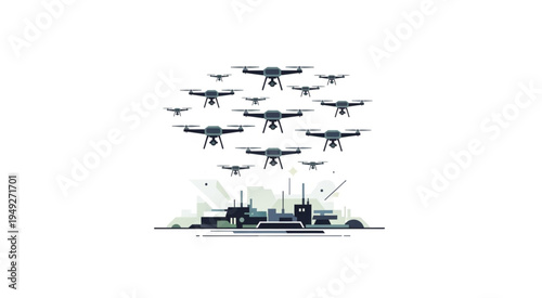 Drone Swarm Over City Infrastructure - Modern Surveillance and Urban Technology.