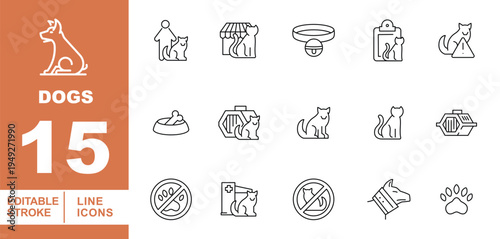 Cat Services, Feline Care Supplies, and Pet Store Line Icons. Editable stroke icons for animal clinics and shops. Featuring cats with owners, pet carriers, food bowls, and veterinary clipboards