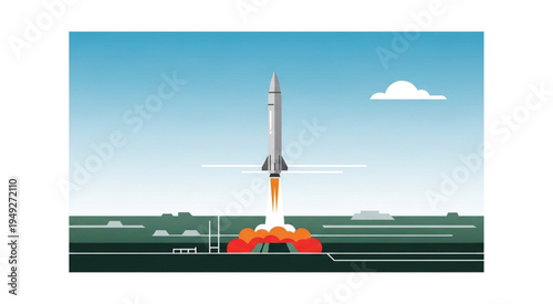 Rocket Launching into the Sky with Fiery Exhaust.