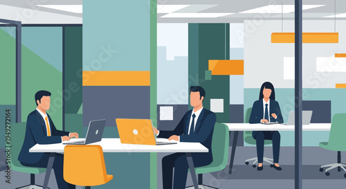 Modern Office Environment with Business Professionals Working on Laptops | Corporate Productivity & Team Collaboration