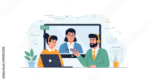 Professional Team Collaborating in an Online Video Conference. Modern Flat Illustration of Virtual Meeting, Remote Work, and Digital Communication.