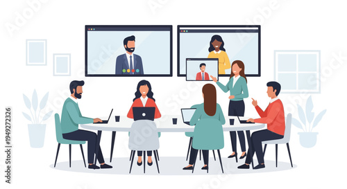 Collaborative Hybrid Meeting: Diverse Business Team Connects In-Person and Virtually via Video Conference in a Modern Office Setting.