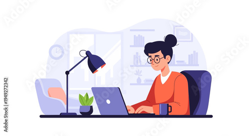 Young Woman Working on Laptop at Home Office Desk, Remote Work & Online Education Concept Illustration