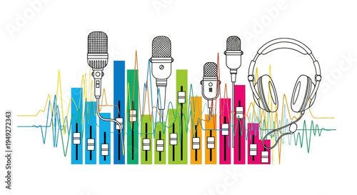 Microphones and headphones on colorful sound wave background