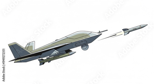 Illustration of a fighter jet launching a missile in flight.