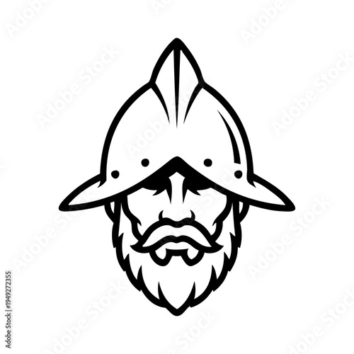 Logo conquistador español. Icono con cabeza de guerrero español con casco morrión 