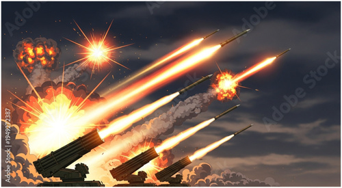 Multiple Rocket Launchers Firing Missiles in a Nighttime Attack.
