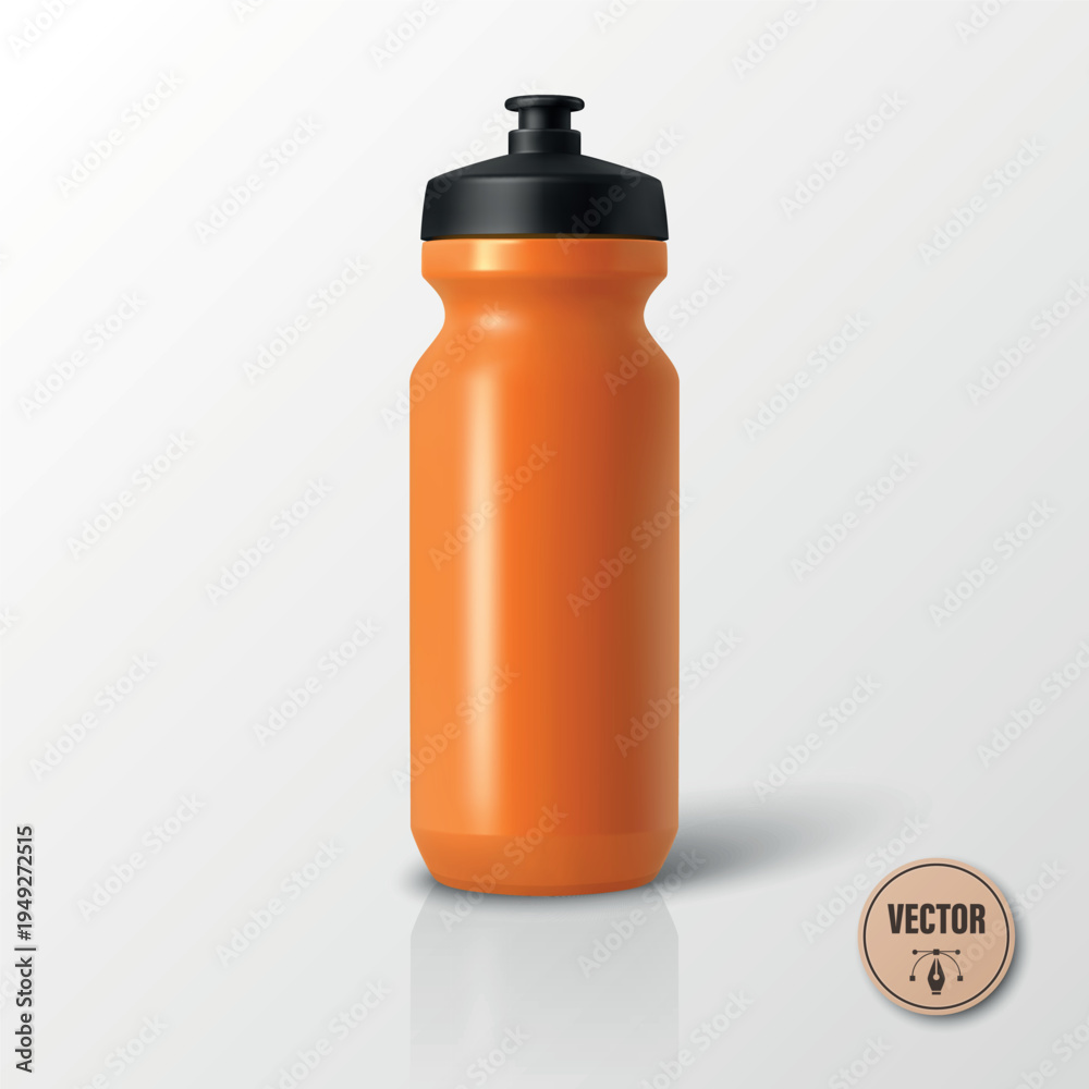 Fototapeta premium Vector 3d Realistic Orange Sports Water Bottle Mockup. Blank Plastic Cycling Water Bottle with Black Cap. Water Bottle Template. Vector Sport Bottle for Fitness, Gym, Branding, Packaging Design