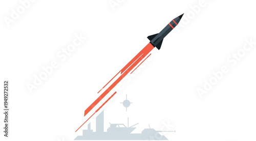 Rocket Launching into Space with Fiery Trail and City Silhouette.