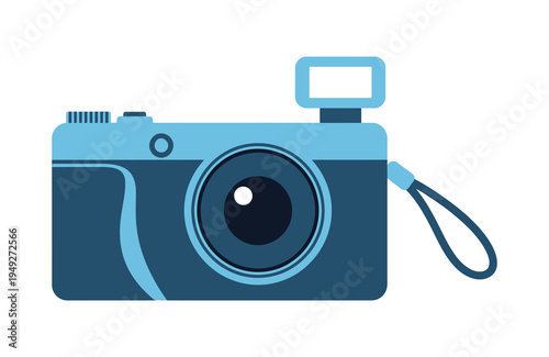 Blue digital camera with wrist strap and flash with travel gear