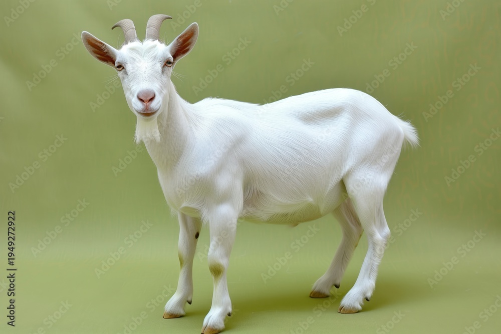 Fototapeta premium White goat stands on a green background with a friendly expression while looking at the viewer during daylight