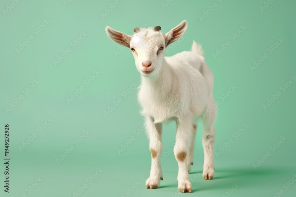 Fototapeta premium Young goat stands on a green background looking at the camera with curiosity and playfulness in its eyes while exploring its surroundings