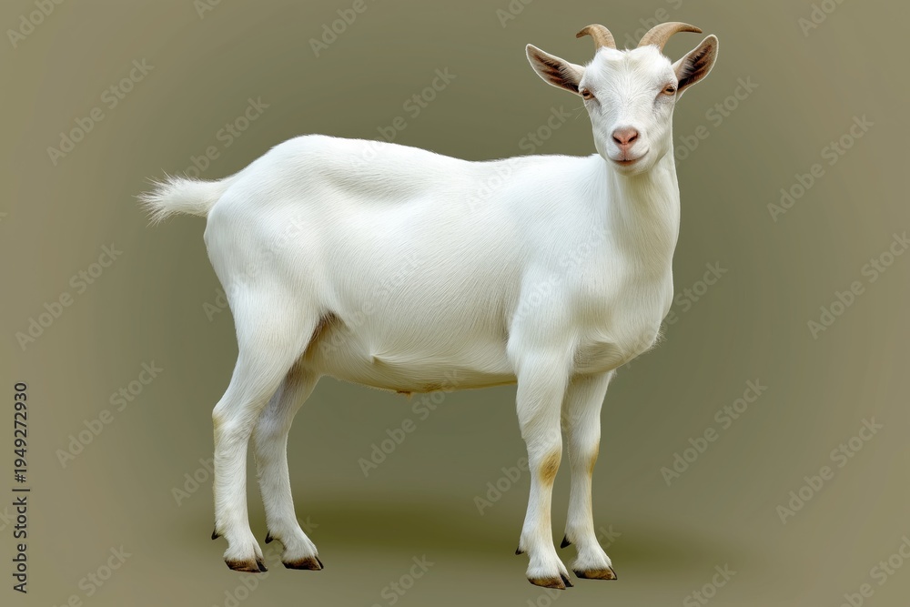 Fototapeta premium White goat stands still on a plain background during daytime, showing its features and structure in a simple setting