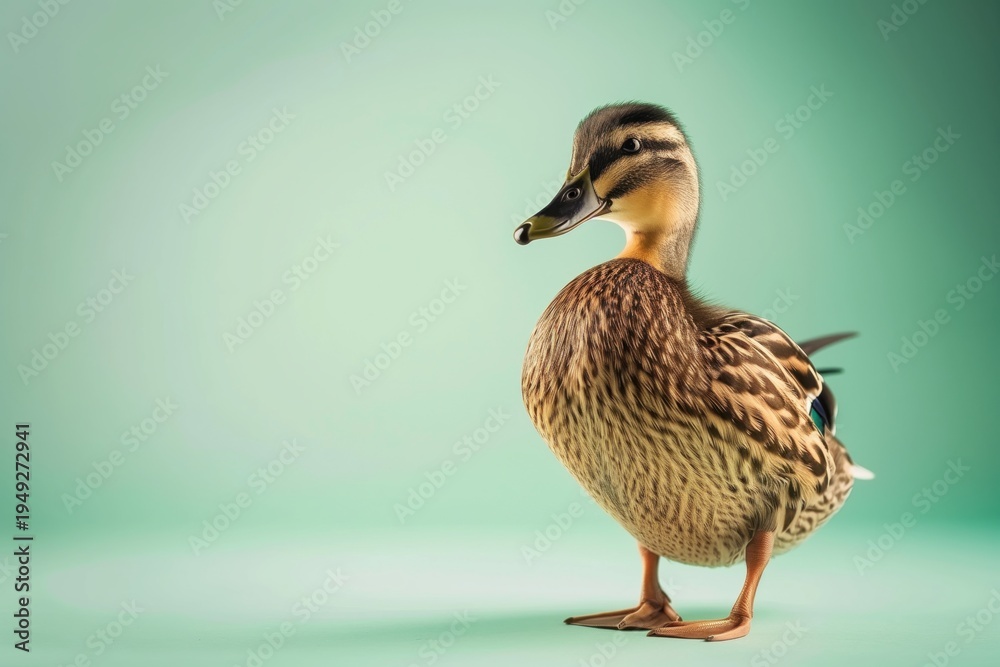 Obraz premium Duck stands on green background with its feathers on display, showcasing its features and looking towards the camera