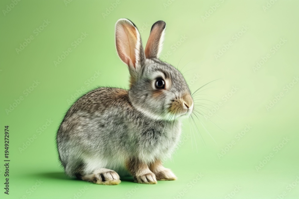 Obraz premium Cute rabbit sitting on green background looking curious at the camera during daytime