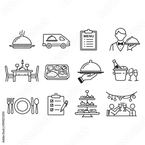 Catering icon set vector. Catering service, food, delivery of ready meals, guest service, menu for event, banquet vector