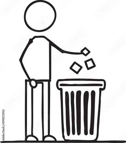 Person throwing papers into a trash can in a simple line art style with a white background