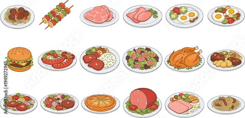Collection of Delicious Meal Plates: Burgers, Skewers, Roasted Chicken, Steaks, and Salads in Vector Style