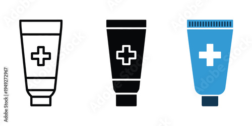 Ointment Icon Set, multiple styles of cream and medicine tubes, isolated vector illustration, medical and healthcare support symbols for apps, websites, and medical design.