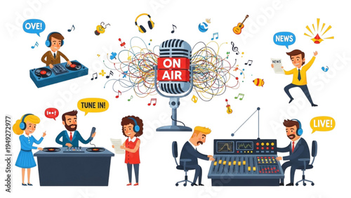 Radio Broadcasting and Podcast Studio Illustration Set – On Air Microphone, DJ, News Host and Live Audio Production