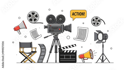 Film Production and Movie Studio Equipment Illustration – Camera, Clapperboard, Director Chair and Lighting Set