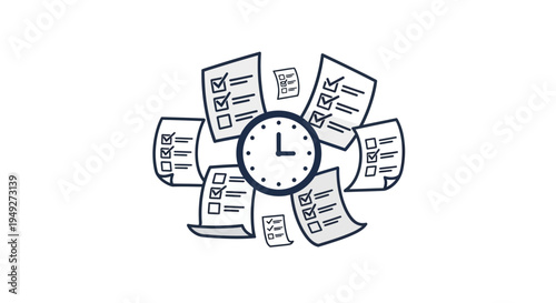 Clock surrounded by papers and documents.