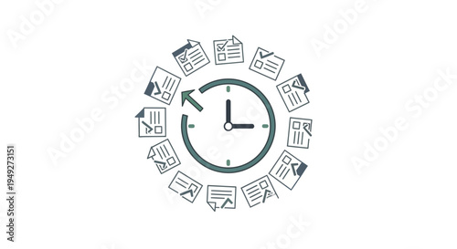 Clock surrounded by business icons.