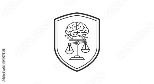 Brain with balance scales shield icon.