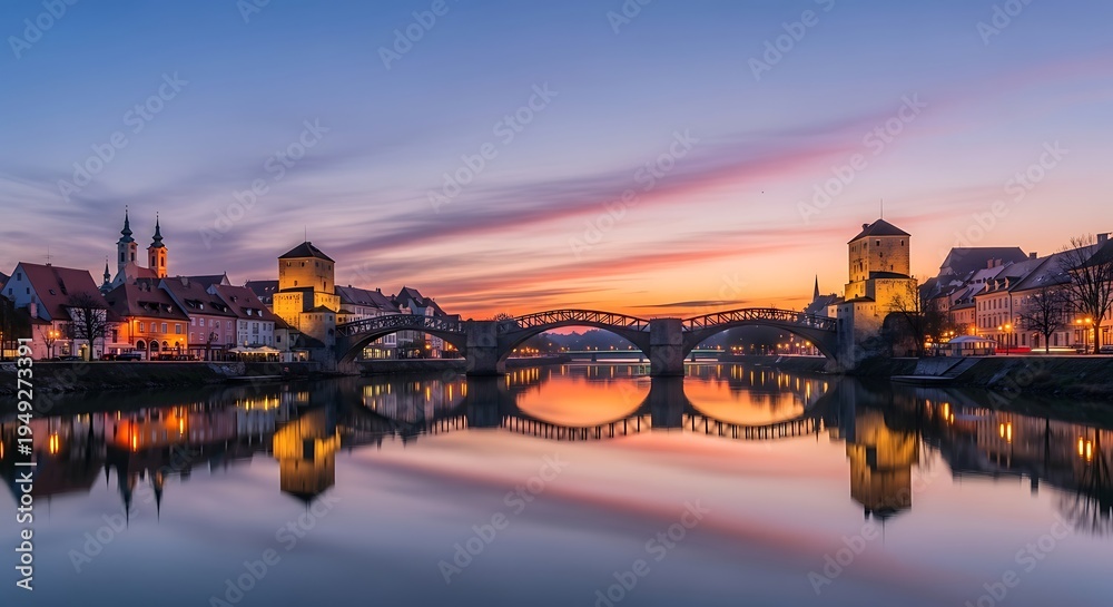 Fototapeta premium Evening cityscape reflecting in calm water under colorful sky.
