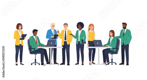 Diverse Business Team Collaboration: Professional People Working Together in Modern Office Environment Illustration