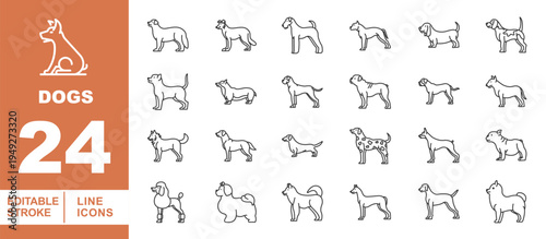 Dog Breeds & Canine Silhouette Icons. Editable stroke vector icons for dog lovers. Featuring various breeds like Poodle, Dalmatian, Pug, Dachshund, Terrier, and Siberian Husky for pet adoption