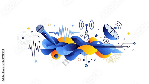 Modern Broadcast Communication Illustration – Microphone, Signal Waves, Radio Tower and Satellite Media Network