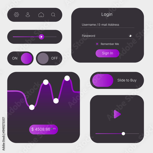 Modern purple gradient mobile user interface dashboard elements set