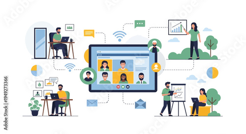 Remote Work, Virtual Team & Online Collaboration Network. Video Conferencing, Telecommuting, Distributed Workforce Illustration.
