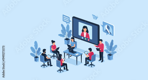 Isometric Illustration of Business Team on Video Conference Call, Collaborating with Remote Participant in a Modern Office Setting