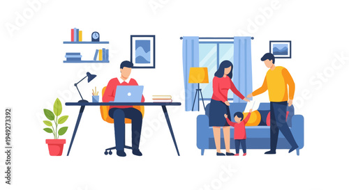 Balancing Remote Work and Family Life: Modern Home Office & Family Scene Illustration