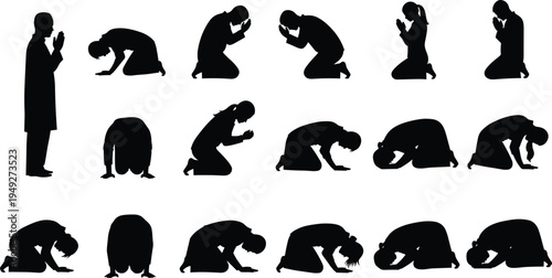 Praying people silhouettes collection, men and women in prayer poses, religious worship figures, spiritual meditation set, vector isolated on white.