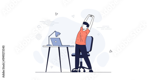 Man stretching at office desk, healthy work break, laptop and lamp