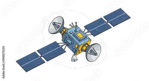 Satellite with solar panels and antennae in space orbit