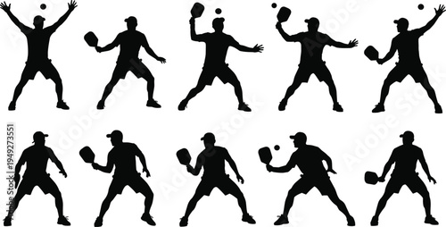 Pickleball player silhouettes collection, man hitting ball with paddle, racket sport action poses, athletic figures set, vector on white background.