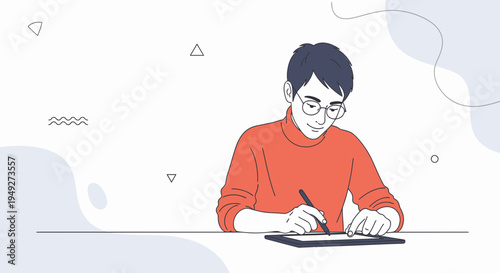 Young man with glasses drawing on tablet, creative work, digital art, illustration