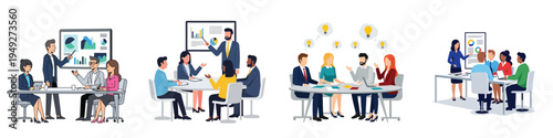 Business strategy discussion, small corporate team gathered around a table, minimalist flat vector art