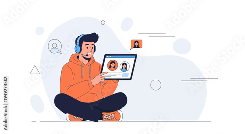Young man with headphones on a video call, online communication concept