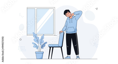 Man stretching neck and doing exercises at home with chair and plant