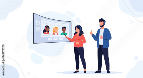 Diverse team collaborating online, video conference presentation with colleagues