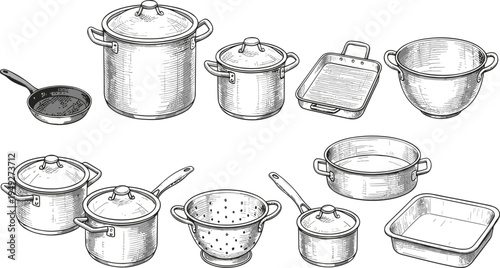 Black and white vector illustration of frying pan, stockpot, saucepan, baking dish, colander, mixing bowl, cookware kitchen utensils collection.