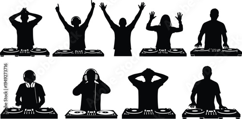 Professional DJ silhouettes collection featuring disc jockeys with headphones mixing music on turntables and performing at club parties vector set,
