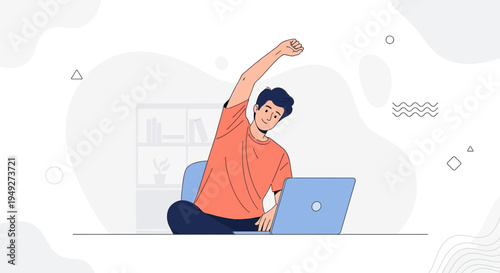 Young man stretching at desk with laptop, promoting healthy remote work and well-being