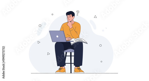 Man Thinking with Laptop and Papers, Question Mark Above Head, Online Learning Concept